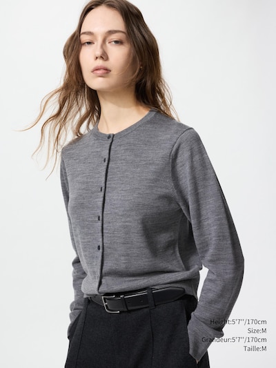 Women's MERINO CREW NECK CARDIGAN | UNIQLO CA — 05 GRAY