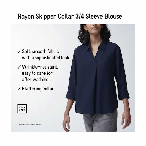 RAYON SKIPPER COLLAR STRIPED 3/4 SLEEVE BLOUSE