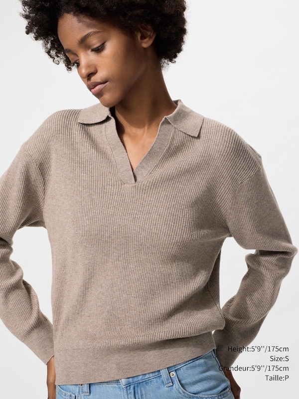 WASHABLE KNIT RIBBED POLO SWEATER
