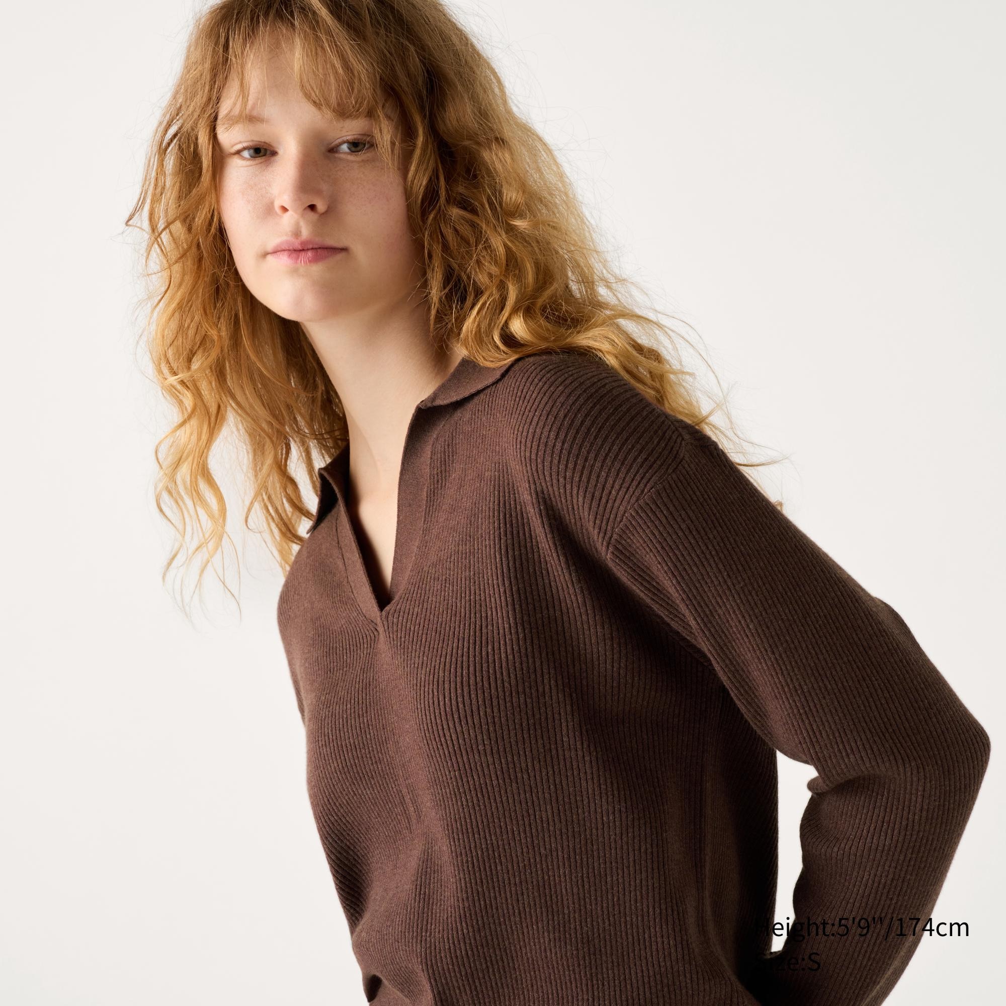 WASHABLE KNIT RIBBED POLO SWEATER Brown L