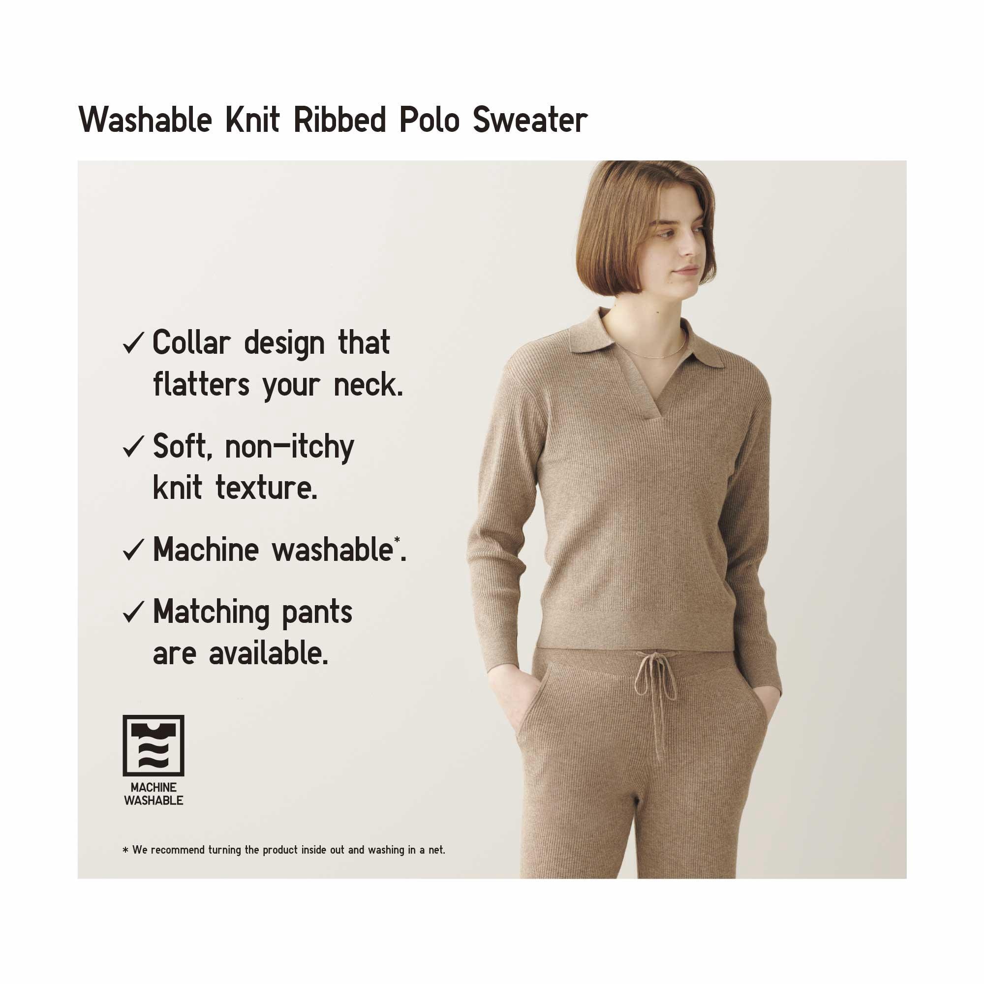 WASHABLE KNIT RIBBED POLO SWEATER