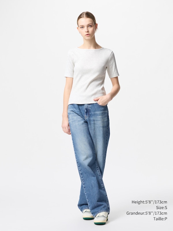 RIBBED BOAT NECK HALF SLEEVE T-SHIRT