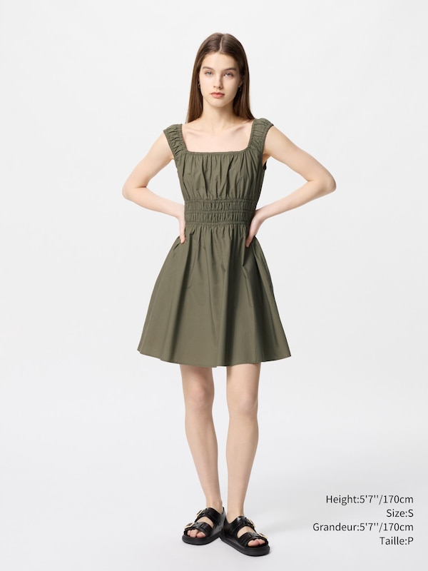 COTTON GATHERED SLEEVELESS MINI DRESS