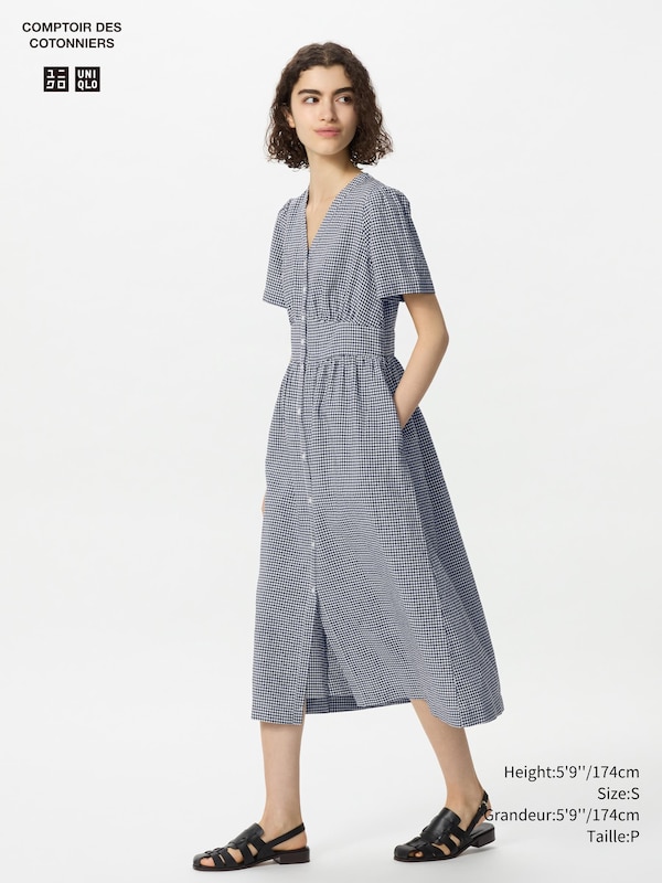 LINEN BLEND V NECK DRESS