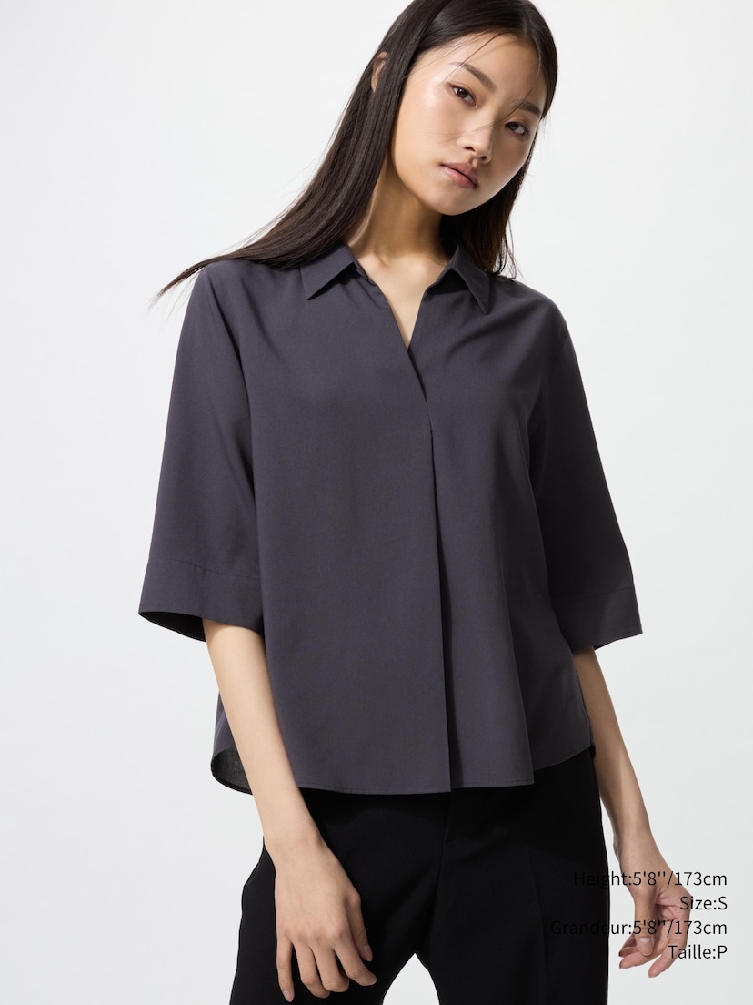 RAYON SKIPPER COLLAR BLOUSE | 3/4 SLEEVE_08