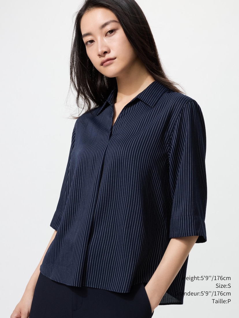 RAYON SKIPPER COLLAR BLOUSE | 3/4 SLEEVE | STRIPED_69