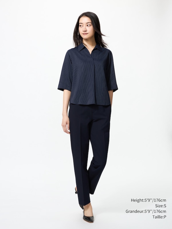 RAYON SKIPPER COLLAR BLOUSE | 3/4 SLEEVE
