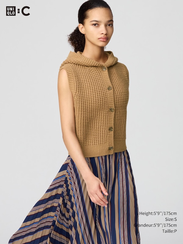 GILET TRICOT GAUFRÉ À CAPUCHE