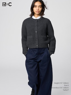 WAFFLE KNIT CREW NECK CARDIGAN