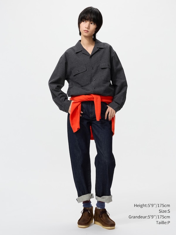 BRUSHED COTTON OPEN COLLAR OVERSIZED SHIRT