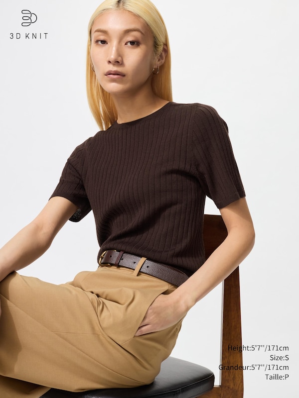 3D KNIT MERINO RIBBED CREW NECK SWEATER | HALF SLEEVE