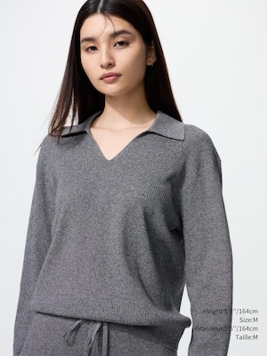 WASHABLE KNIT RIBBED POLO SWEATER
