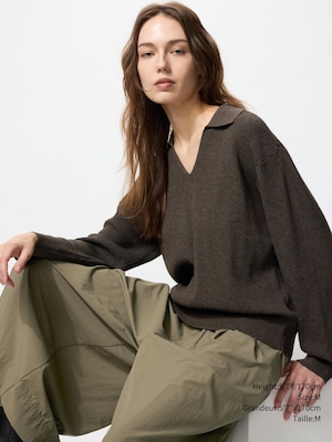 WASHABLE KNIT RIBBED POLO SWEATER