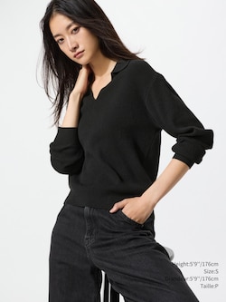 WASHABLE KNIT RIBBED POLO SWEATER