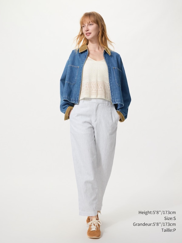 LINEN COTTON TAPERED PANTS | STRIPED