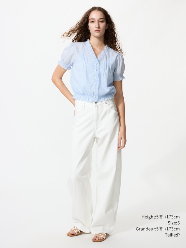 COTTON DOBBY V NECK BLOUSE