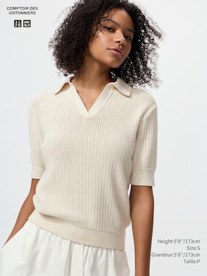 Cotton Pointelle Skipper Polo Sweater