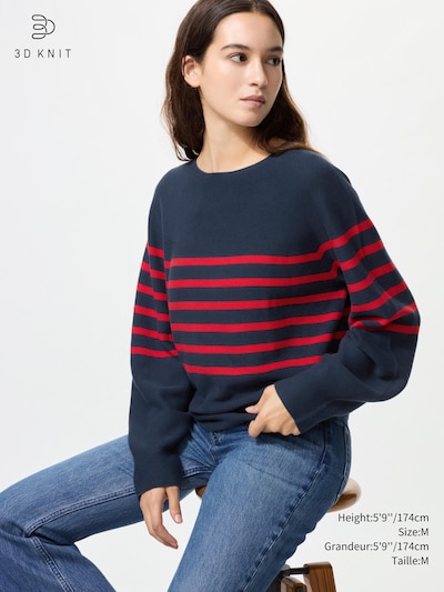 3D Knit Seamless Cotton Crew Neck Volume Sleeve Jumper (Striped)