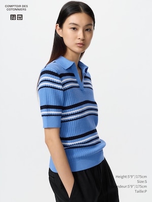 CHANDAIL-POLO RAYÉ EN COTON MAILLE POINTELLE