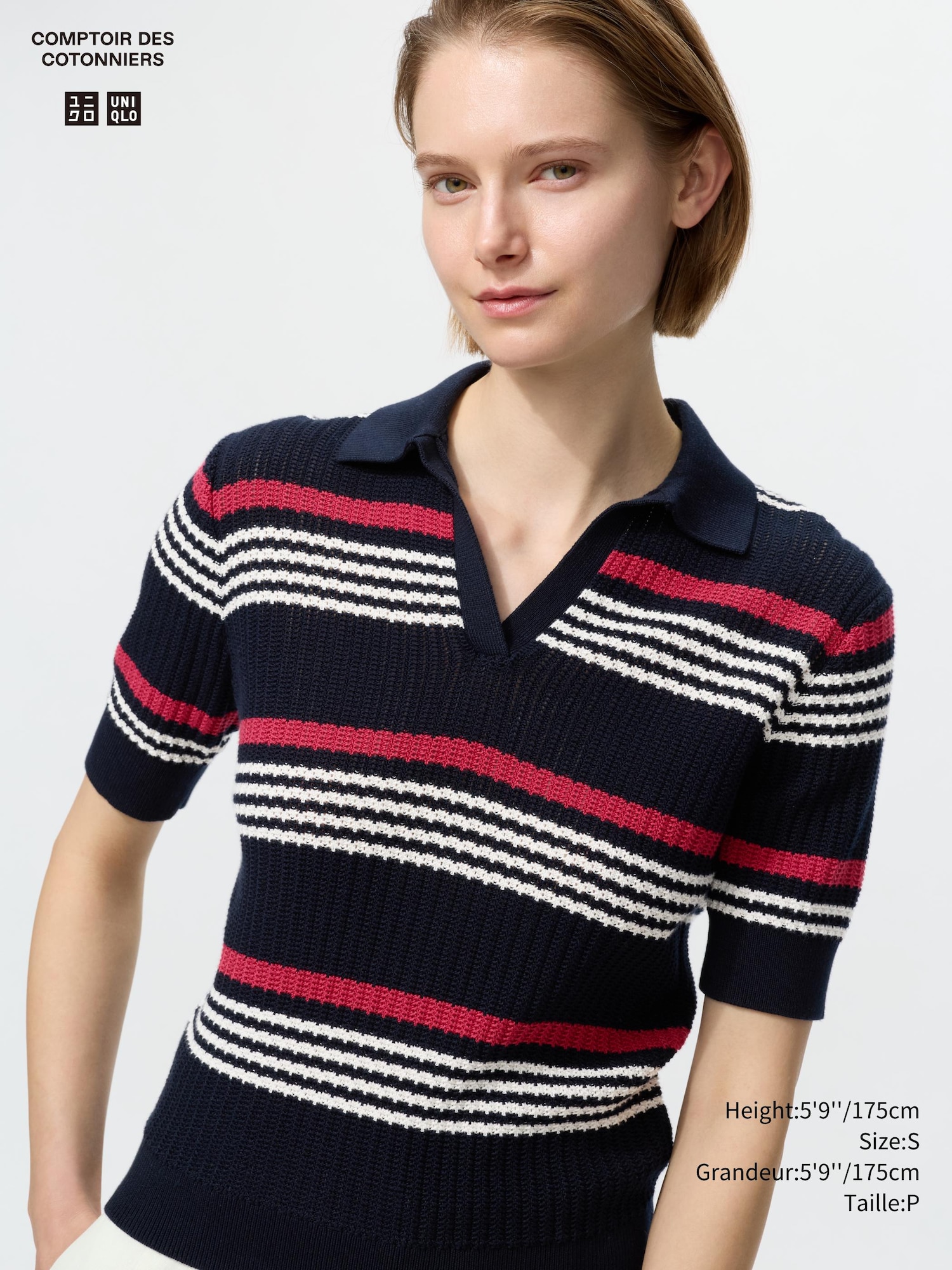 Women's Cotton Pointelle Skipper Polo Sweater | Striped | UNIQLO CA