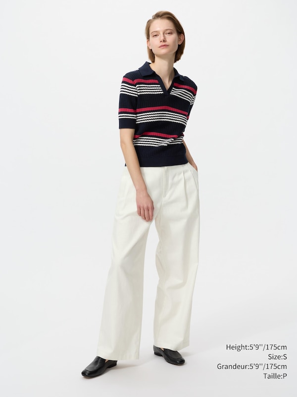 COTTON POINTELLE SKIPPER POLO SWEATER | STRIPED