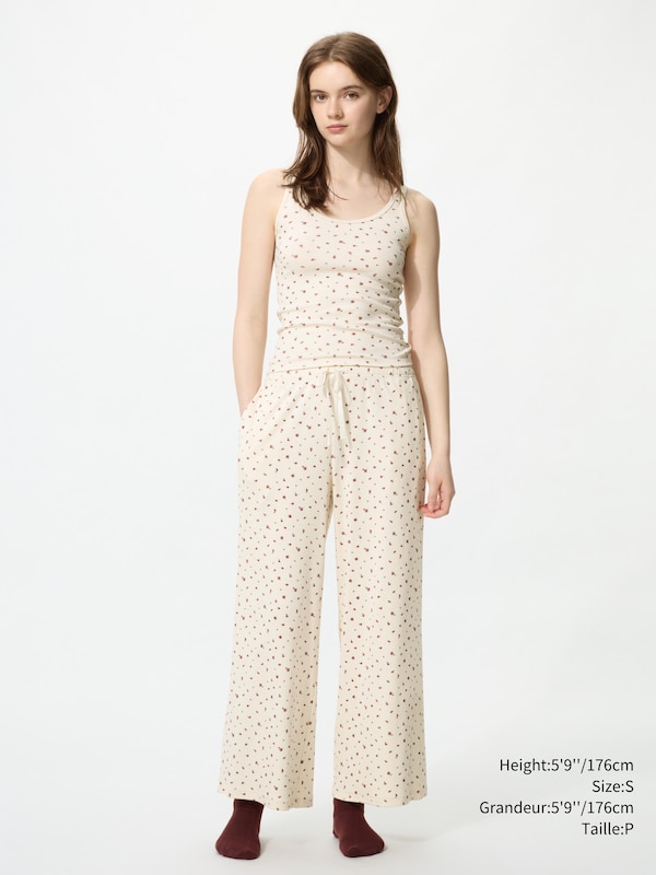 PANTALON AMPLE À ENFILER À CÔTES FINES | À FLEURS