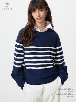 3D Knit Cotton Volume Sleeve Sweater | Striped