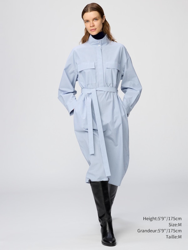 Cotton Stand Collar Dress | Striped