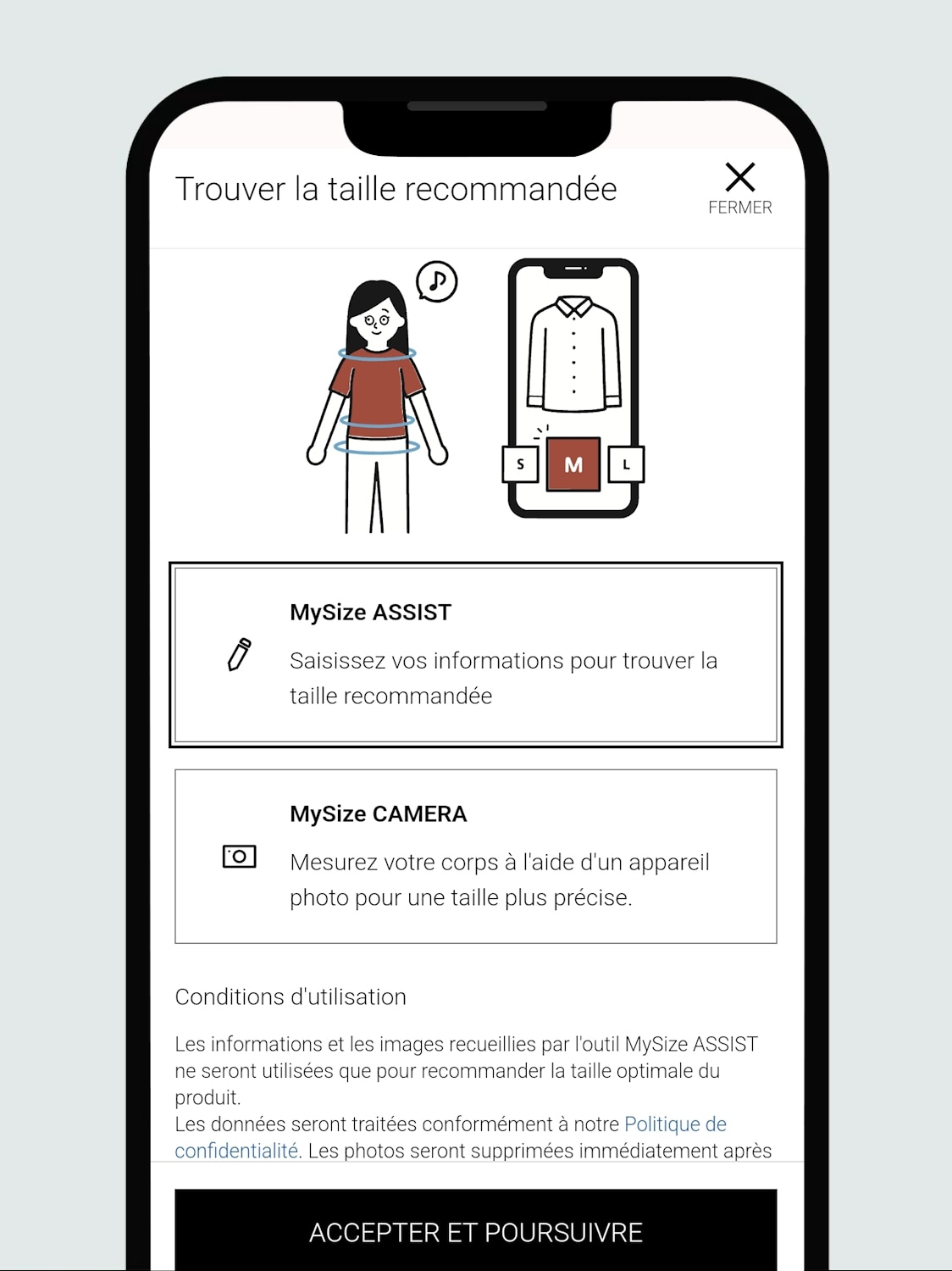 Cliquez sur MySize ASSIST