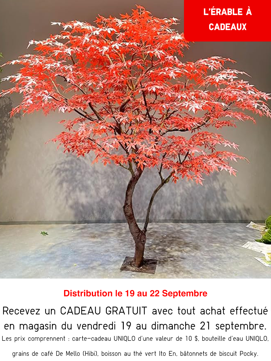 Recevez un CADEAU GRATUIT avec tout achat effectué en magasin du vendredi 19 au dimanche 21 septembre. Un achat admissible en magasin est requis pour obtenir un prix.
Jusqu'à épuisement des stocks. Vente interdite. Limite d'un (1) prix par achat. Les prix ne peuvent faire l'objet d'un retour ou d'un remboursement.
Les prix comprennent :carte-cadeau UNIQLO d'une valeur de 10 $, bouteille d'eau UNIQLO, grains de café De Mello (Hibi), boisson au thé vert Ito En, bâtonnets de biscuit Pocky.