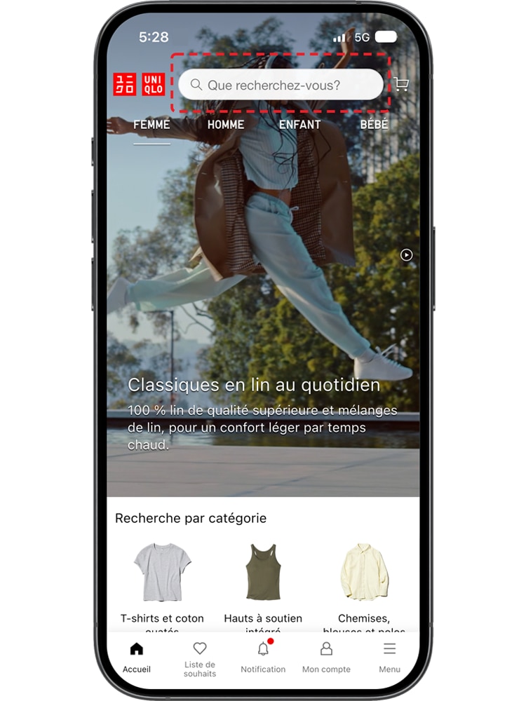 Un champ de recherche est désormais visible en haut de la page, pour que vous puissiez lancer une recherche à partir d'un mot-clé.