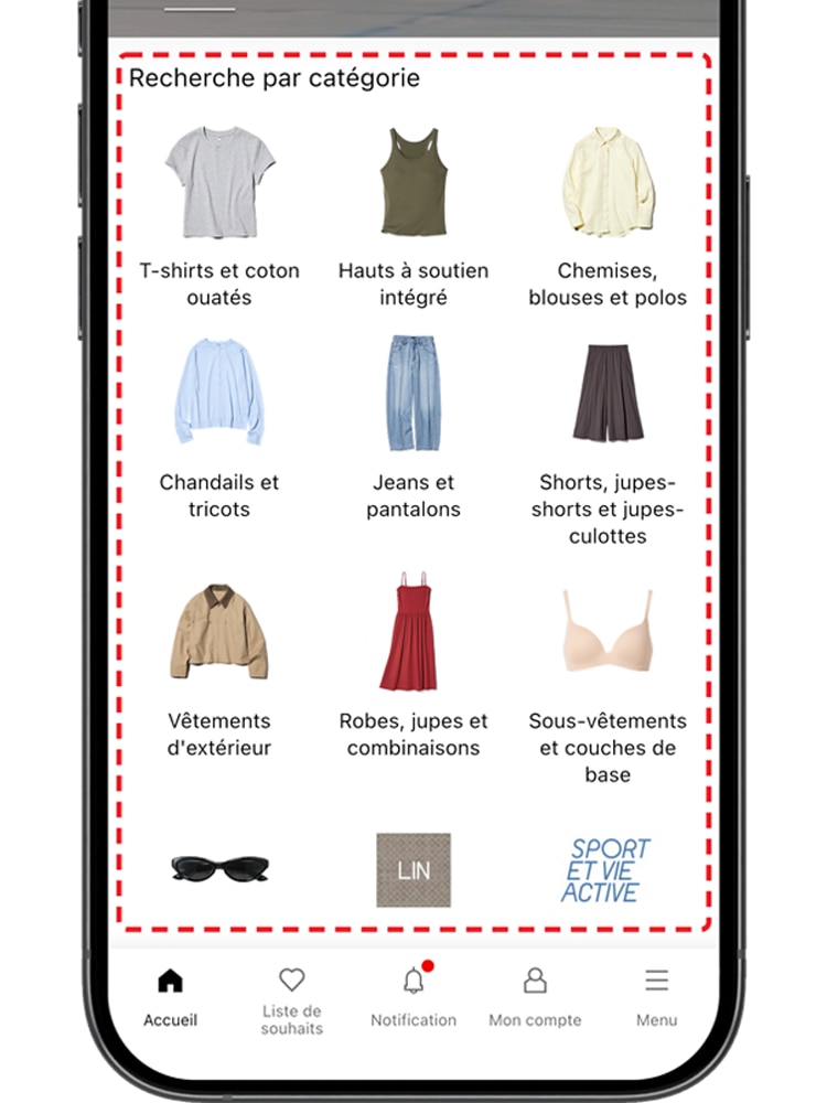 La liste des catégories s'affiche désormais sur chaque écran de la page d'accueil, ce qui facilite l'accès au menu des catégories.