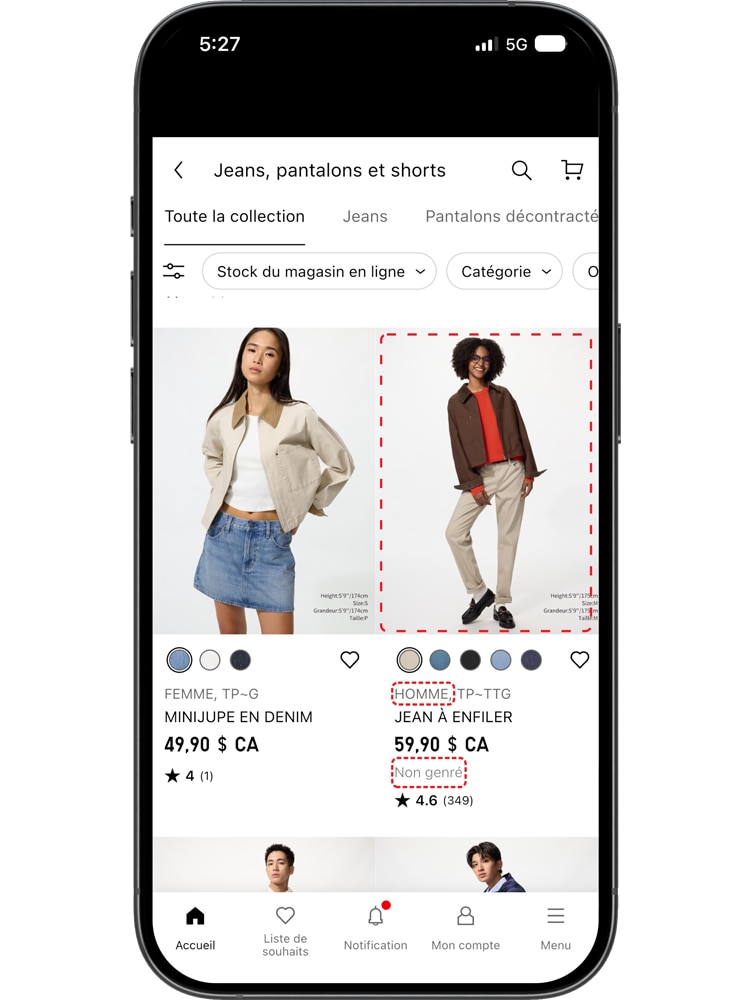 Lorsque vous consultez la page de liste des produits, celle-ci affiche désormais des images de modèles hommes et femmes. 