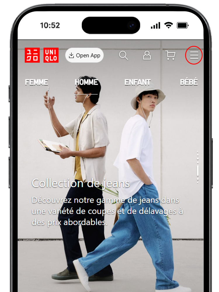 Pour rechercher un produit, tapez sur le logo du menu (site mobile).