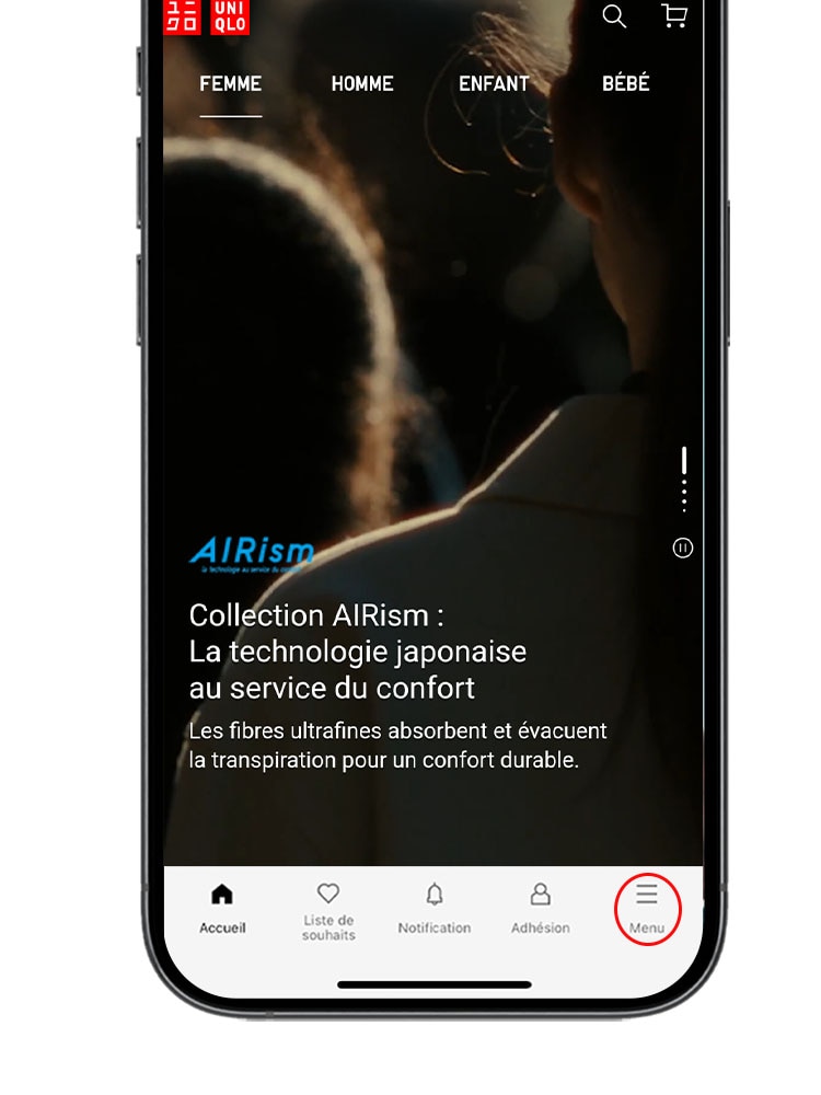 Pour rechercher un produit, tapez sur le logo du menu (appli UNIQLO).