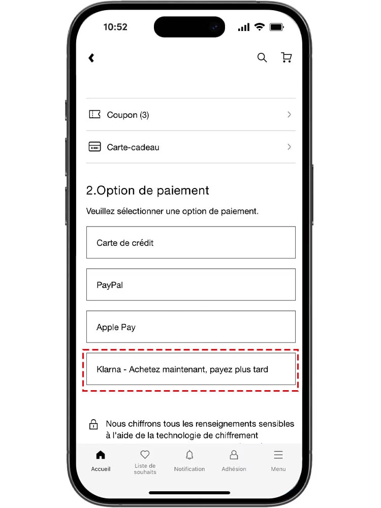 Klarna est l'une de nos plus récentes options de paiement disponibles lors du passage à la caisse. Sélectionnez Klarna pour effectuer vos achats maintenant et payer plus tard en versements échelonnés.