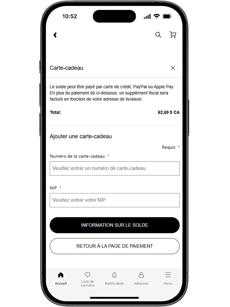Si ce n'est pas déjà fait, entrez le numéro de votre carte cadeau à la fin du processus de paiement.