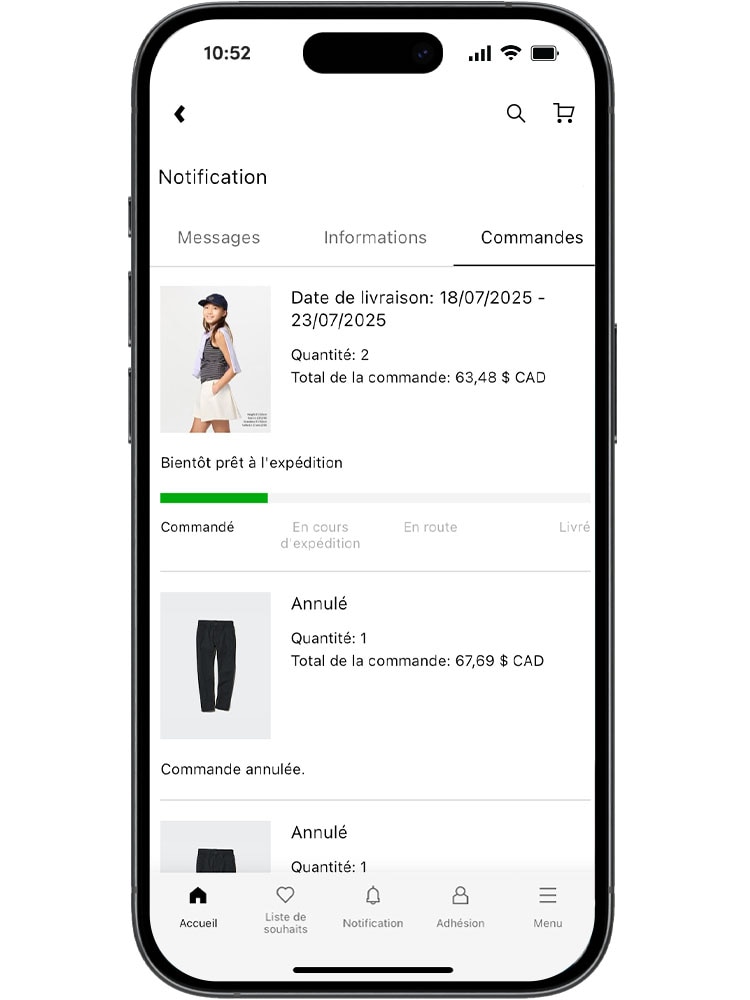 Vous pouvez consulter le status de votre commande à tout moment sur UNIQLO.ca.