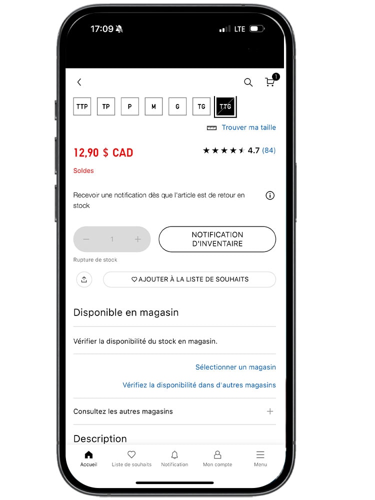 Notre clientèle peut maintenant cliquer sur le bouton « Me notifier » lorsque certaines tailles sont en rupture de stock.