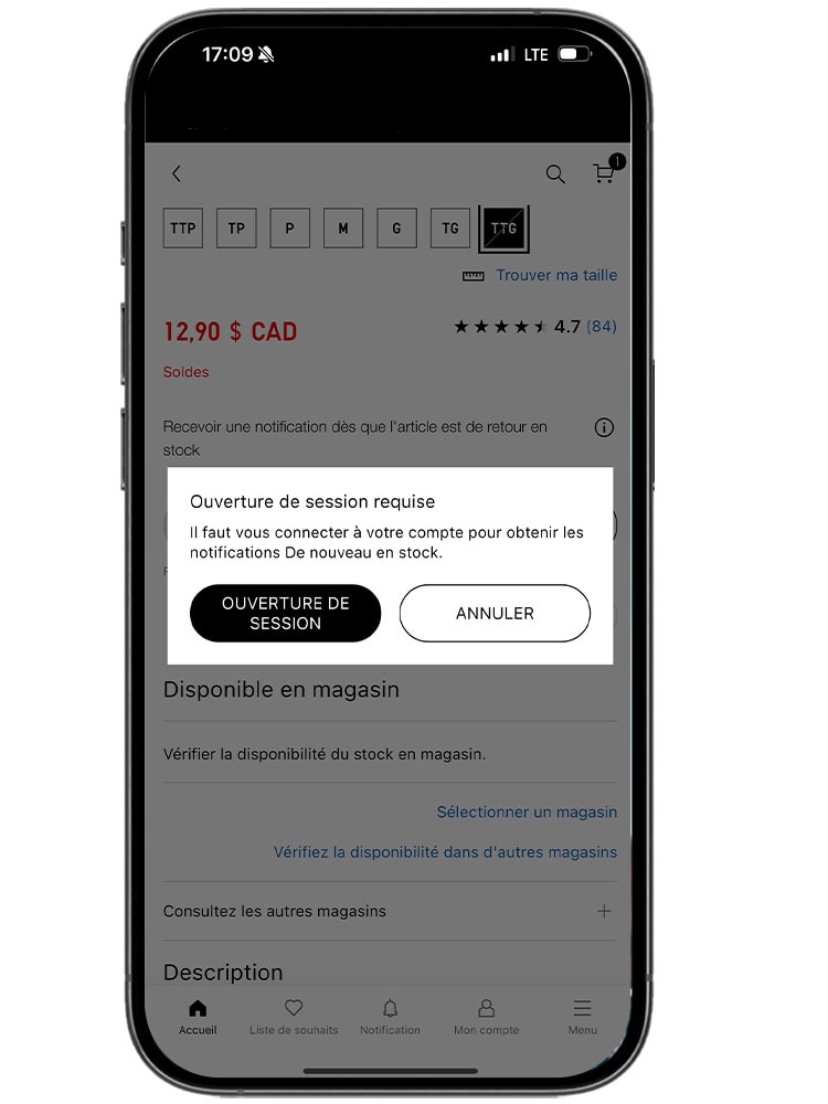 Après avoir ouvert une session, la fenêtre contextuelle affichera des informations détaillées sur les stocks disponibles. En cliquant sur « S'inscrire », vous recevrez une notification dès que le produit sera à nouveau disponible.
