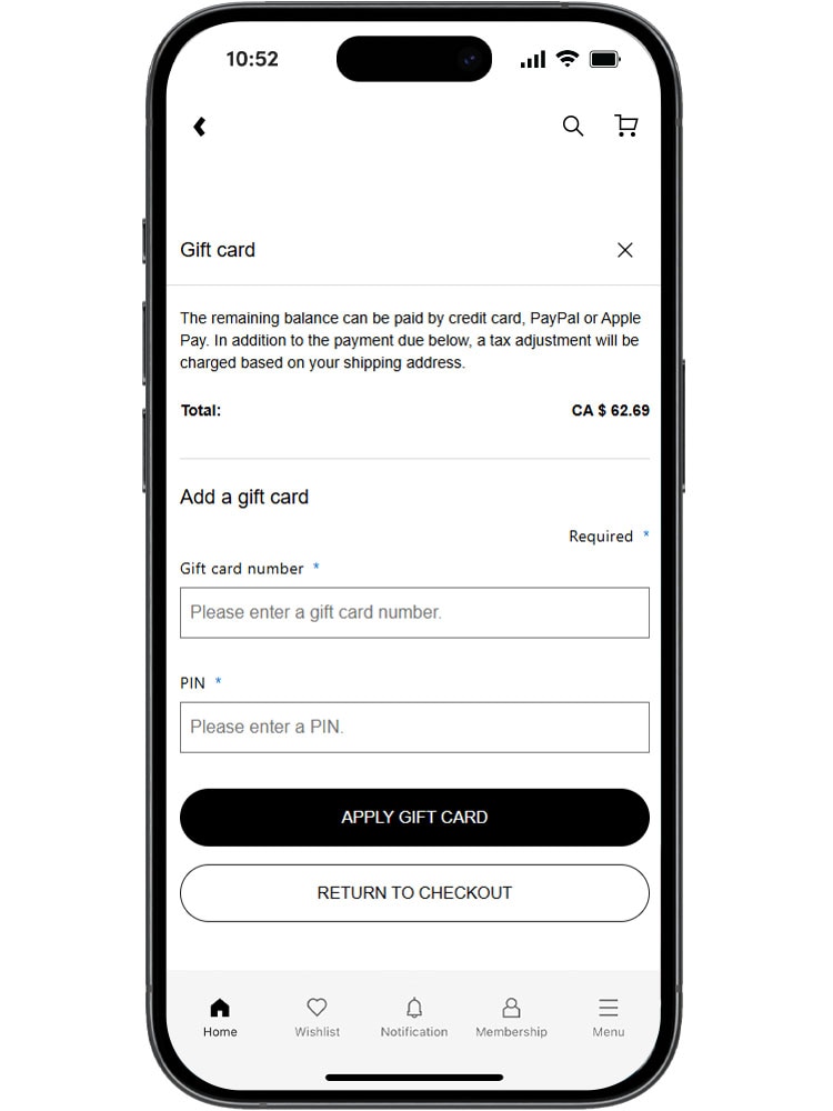 If not already applied, enter your gift card number at checkout.