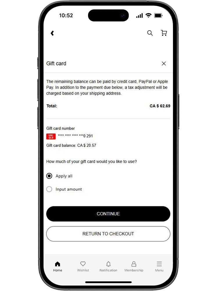 After applying the gift card, select the amount you'd like to use and continue your checkout process.