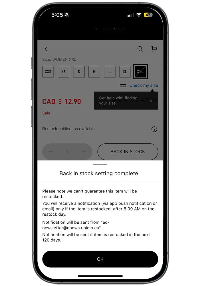 After logging in, the pop-up prompt will display detailed back-in-stock information. This process will allow customers to receive a notification when the product becomes available.