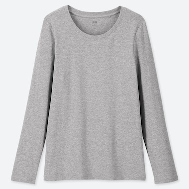 WOMEN COTTON RIBBED CREW NECK LONG SLEEVED T-SHIRT