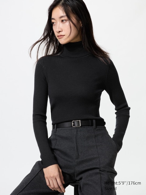 Uniqlo - Pull Col Roulé Côtelé 100% Laine Mérinos - Noir - Xs