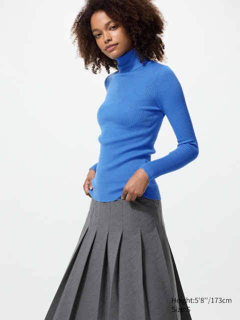 Uniqlo - Pull Col Roulé Côtelé 100% Laine Mérinos - Bleu - Xxs