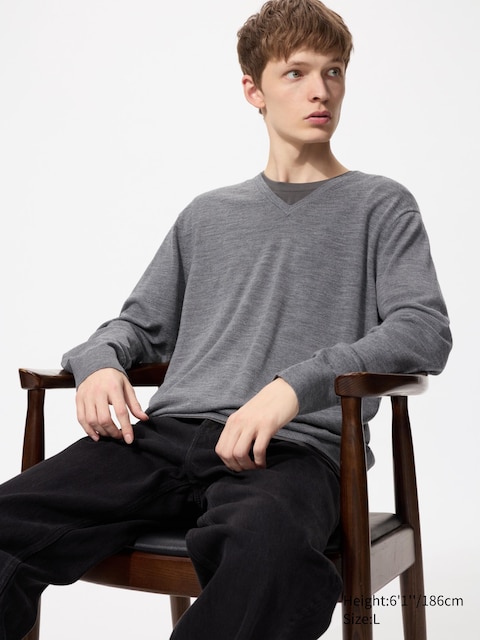 Uniqlo - Pull À Col V 100% Laine Mérinos - Gris - Xxl