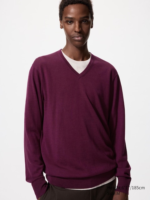 Uniqlo - Pull À Col V 100% Laine Mérinos - Violet - Xs