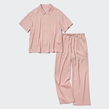  Womens Satin Pajama Set 2-Piece Sleepwear Loungewear Button  Down Short Sleeve PJ Set Pink XXL
