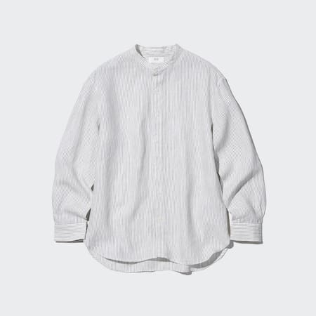 Camicia 100% Lino Premium A Righe Colletto Alla Coreana Maniche Lunghe
